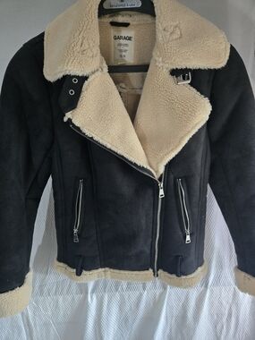 Garage Women's Black Faux-Shearling Moto Jacket with Cream Trim